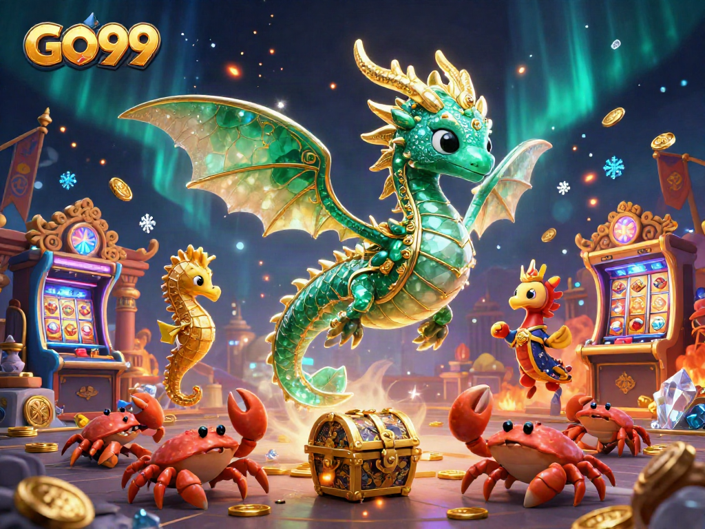 Experience thrilling gameplay with GO99, featuring an emerald sea dragon and vibrant gaming elements.