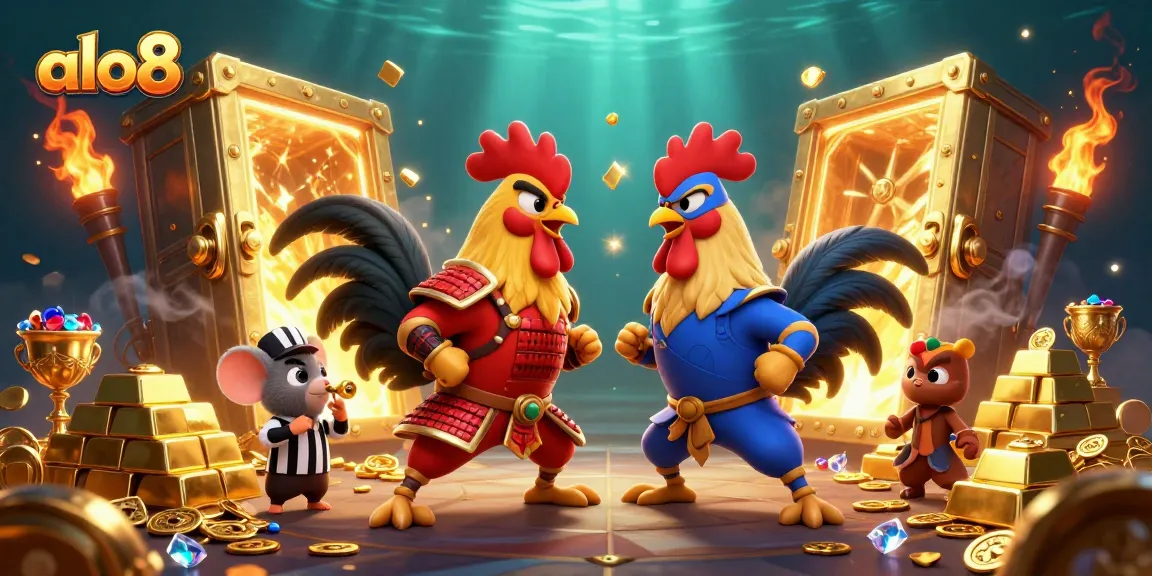 Engage in thrilling fights with alo8's dynamic rooster duel amidst treasure and casino excitement.