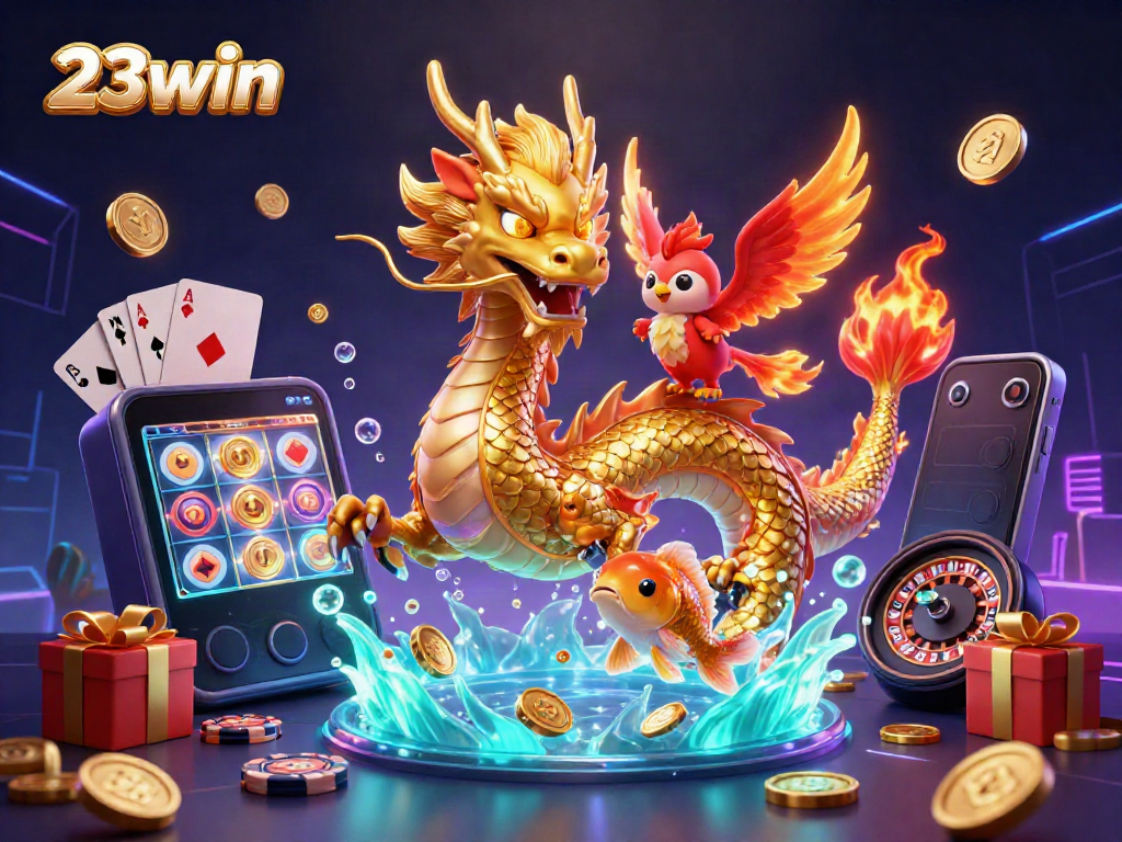 Experience thrilling gameplay with 23win in this dynamic 3D casino scene featuring vibrant characters and gaming elements.