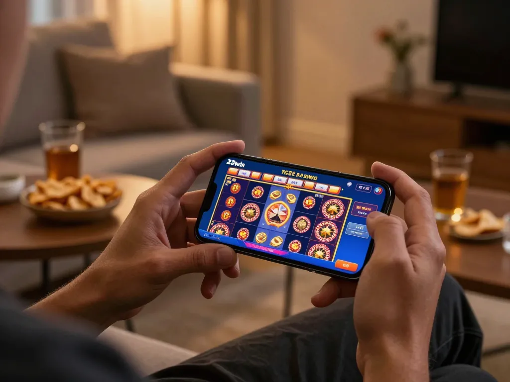 Engaging gameplay experience with the 23win app on a smartphone in a cozy living room.