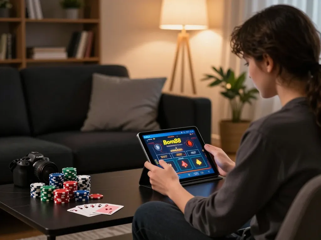 Tải app Bom88 for online casino gaming at home, featuring a stylish player's tablet, poker chips, and cozy ambiance.