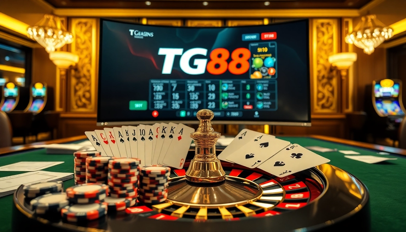 Engaging casino table featuring TG88 branded poker chips, strategic card play, and roulette wheel action