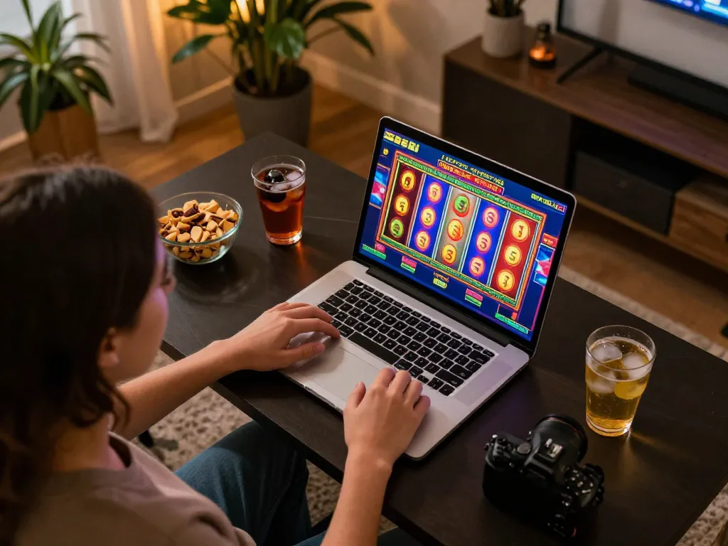 Engaging in a lively slot game at home on Sunwin, showcasing colorful reels and a cozy vibe