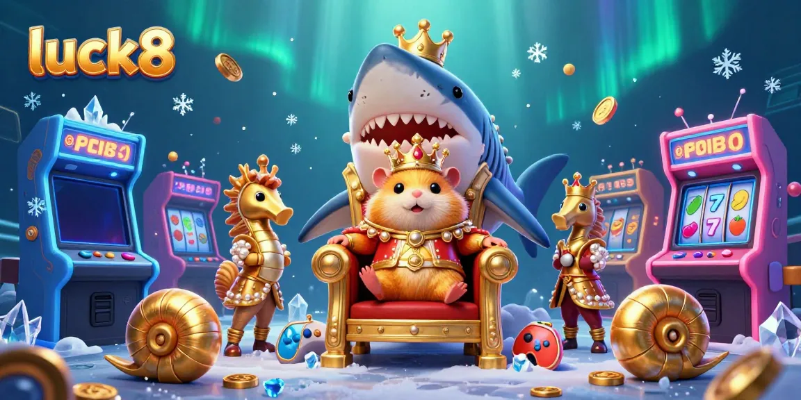 Engage in vibrant gameplay at luck8 with a majestic hamster king ruling from a shark tooth throne, surrounded by dazzling casino elements.