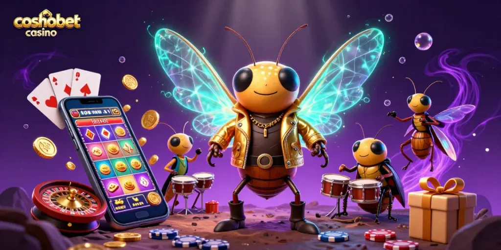 Engage with the vibrant cosmobet casino scene featuring a rock star cicada and dynamic game elements.