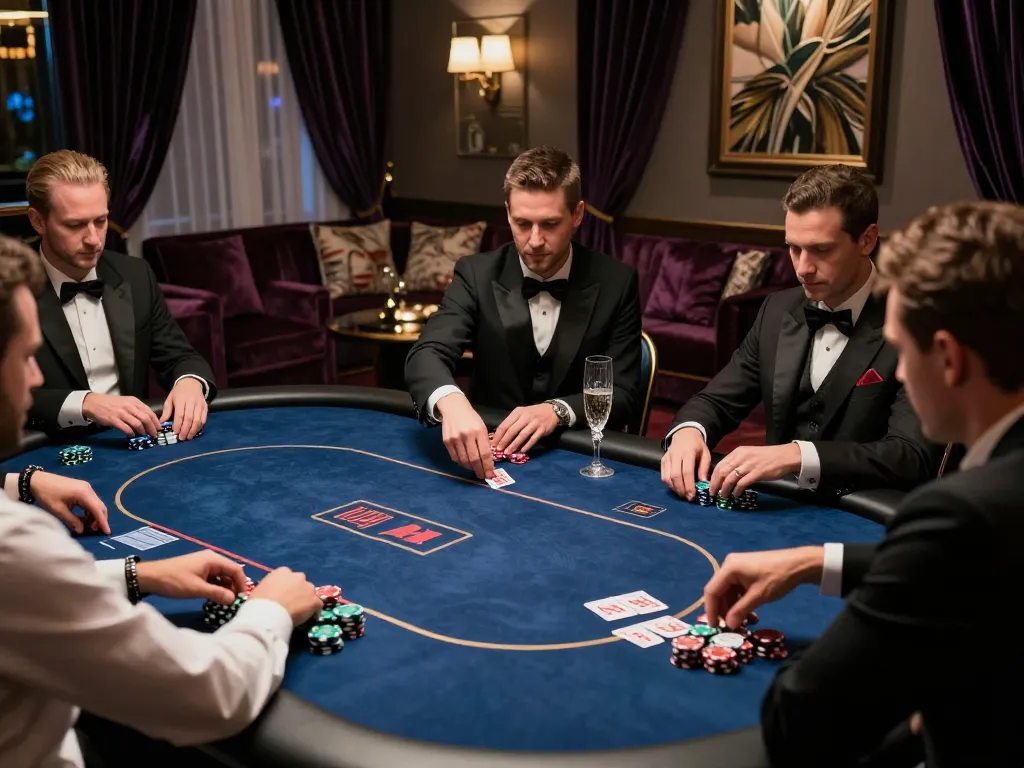 Players engaged in a high-stakes poker game in a luxurious VIP gaming area at a Sunwin casino