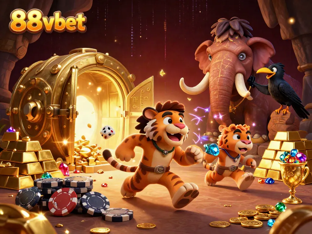 Experience thrilling gambling with 88vbet in this ultra-detailed 3D scene featuring a lively caveman casino.