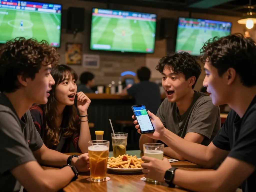 Soi Kèo sports betting excitement with fans analyzing live matches and odds in a lively bar.