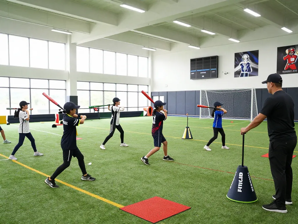 Intense baseball training session at hitclub facility, focusing on young athletes improving skills.