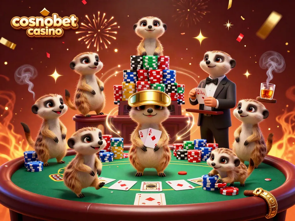 Enjoy thrilling action at cosmobet casino with meerkats running games, chips, and poker table scenes.