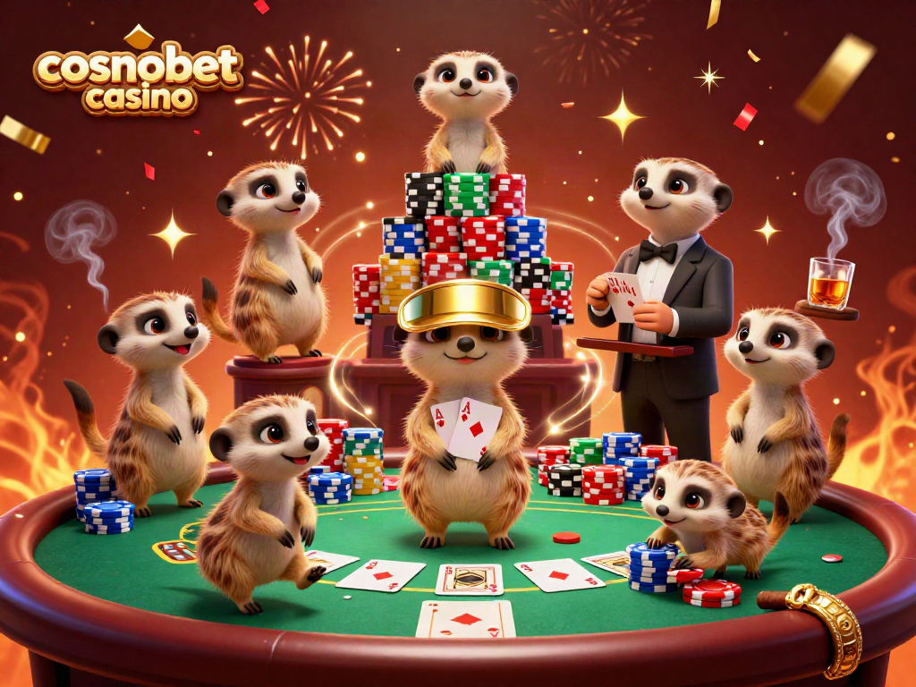 Enjoy thrilling action at cosmobet casino with meerkats running games, chips, and poker table scenes.