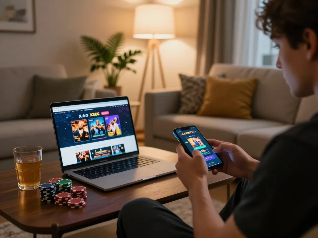 Engaging gameplay on the XXGG casino app from a cozy home setting, showcasing interactive gaming.
