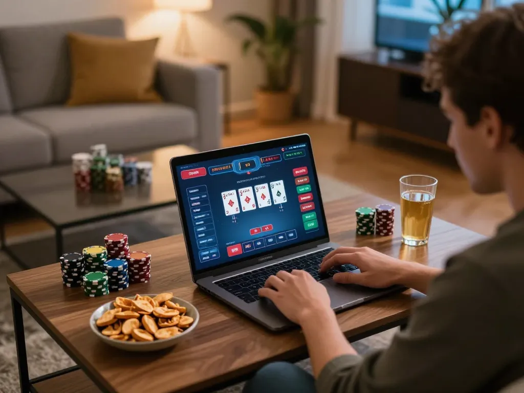 Playing online poker at home with 58win on the laptop screen in a cozy setting