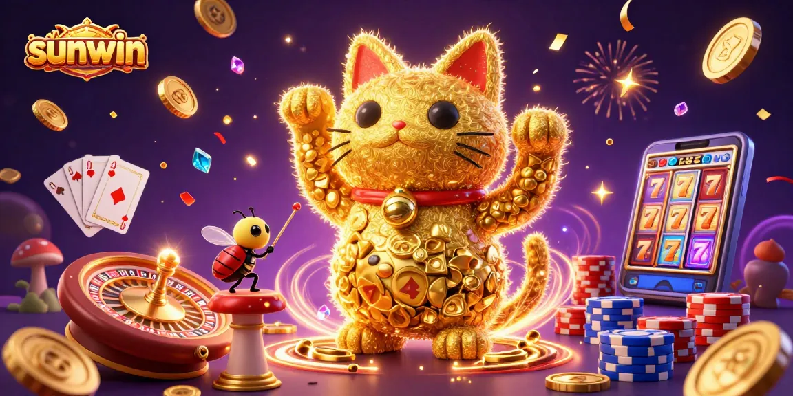 Experience the excitement of sunwin with dynamic golden fireflies forming a lucky cat in a vibrant casino scene.