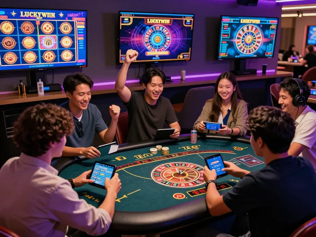 Luckywin online casino gaming scene with players cheering around virtual tables