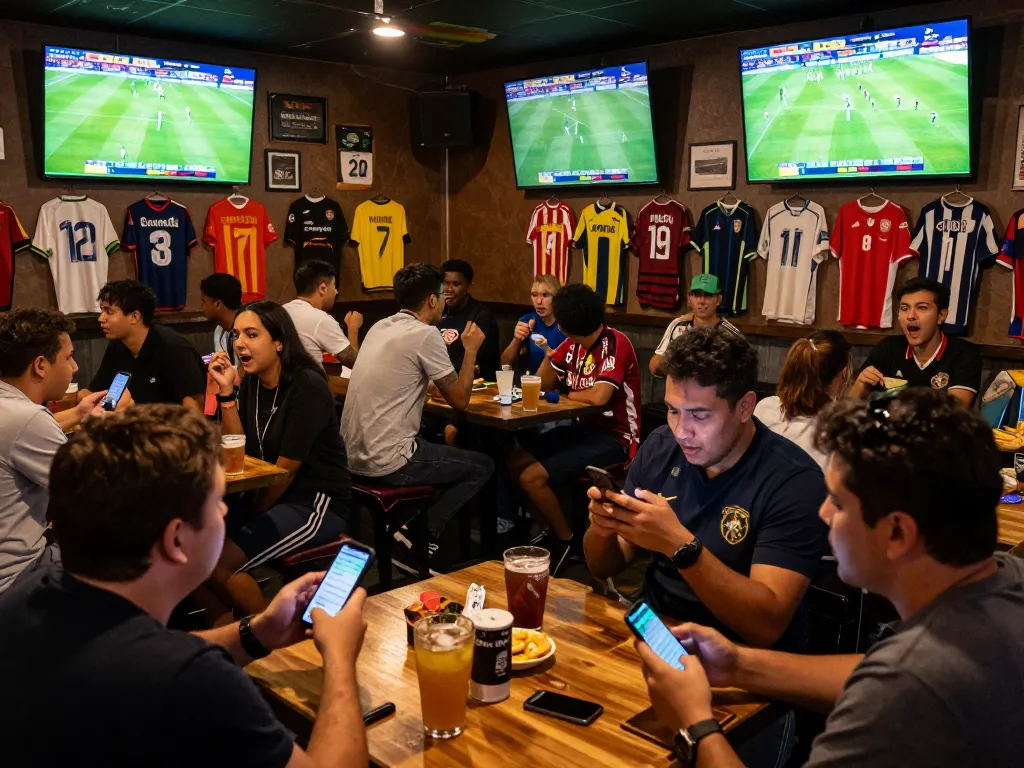 Engaged bettors checking kết quả bóng đá and odds during live match at a sports bar.