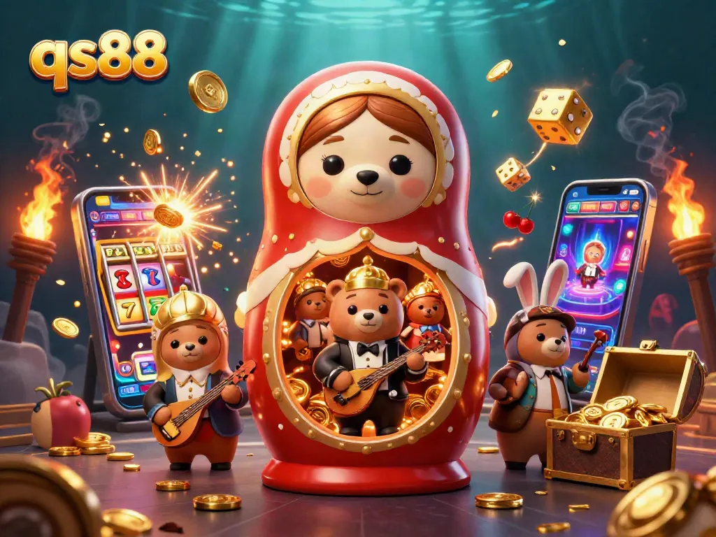 Experience the excitement of qs88 with vibrant casino elements in a dynamic 3D illustration featuring playful characters.