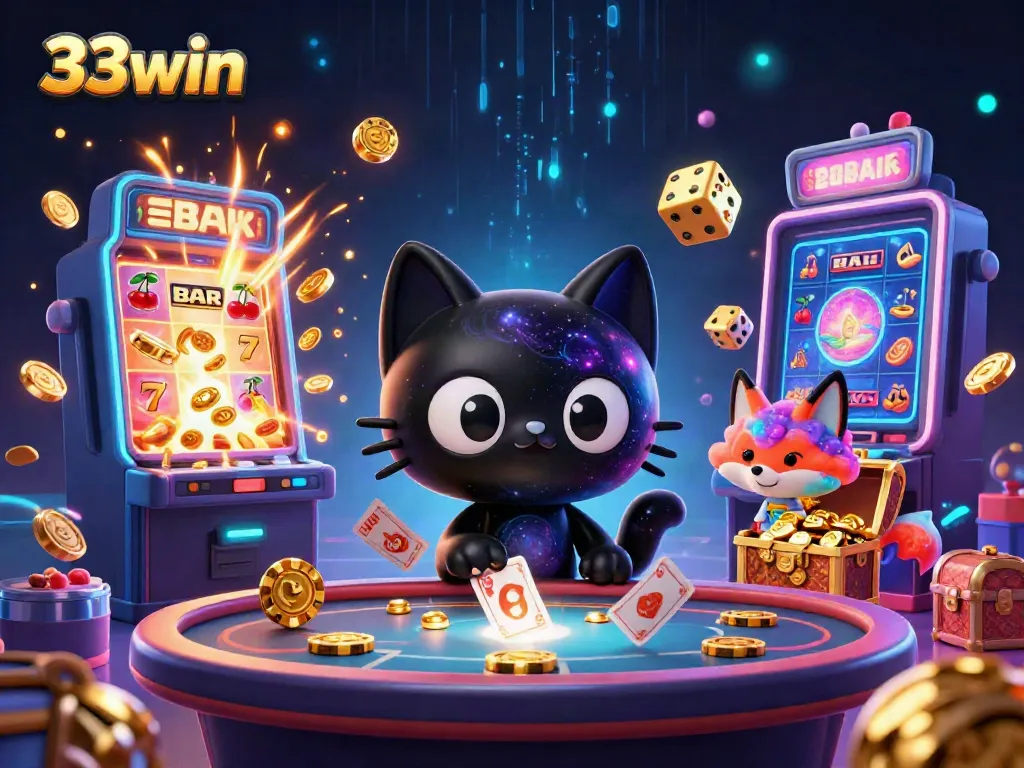 Experience thrilling casino action with 33win in this vibrant 3D cosmic scene.