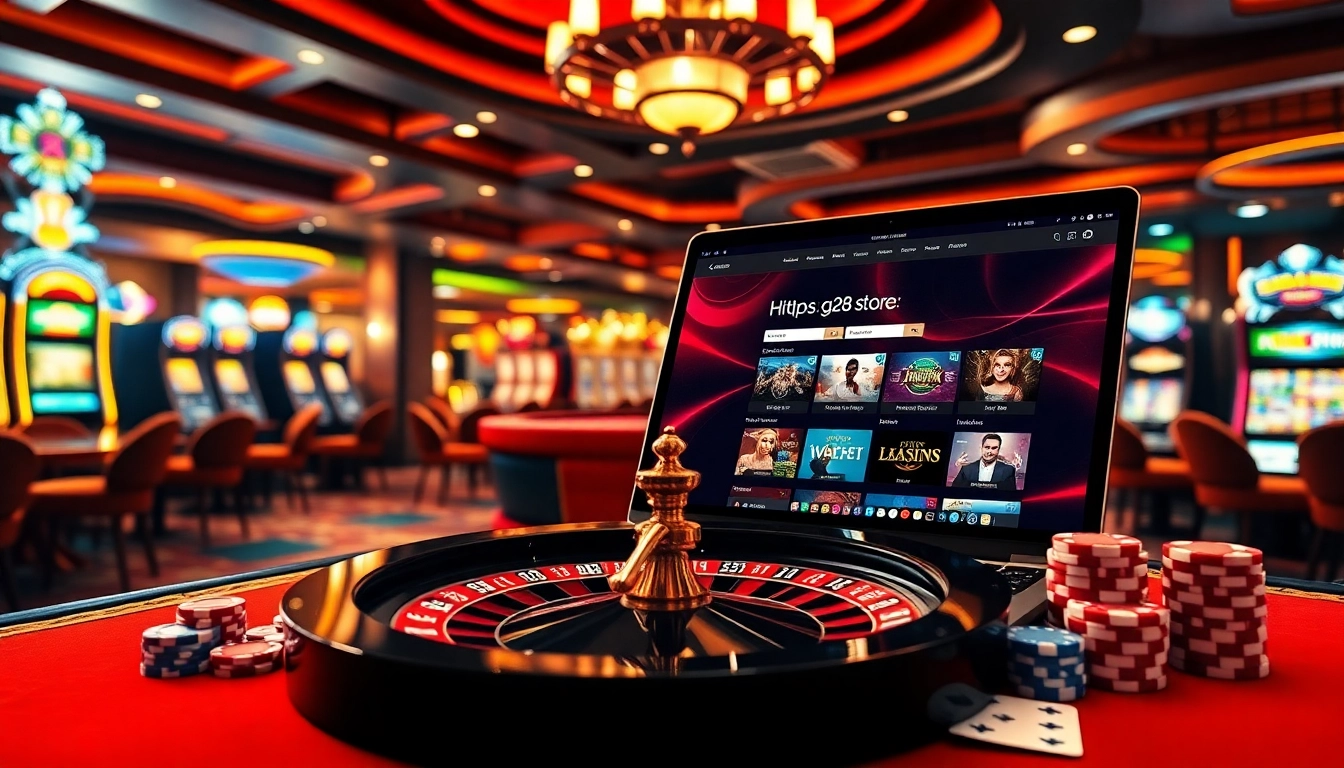 Experience elite online gaming on https://g28.store/, featuring vibrant roulette wheels and colorful poker chips.