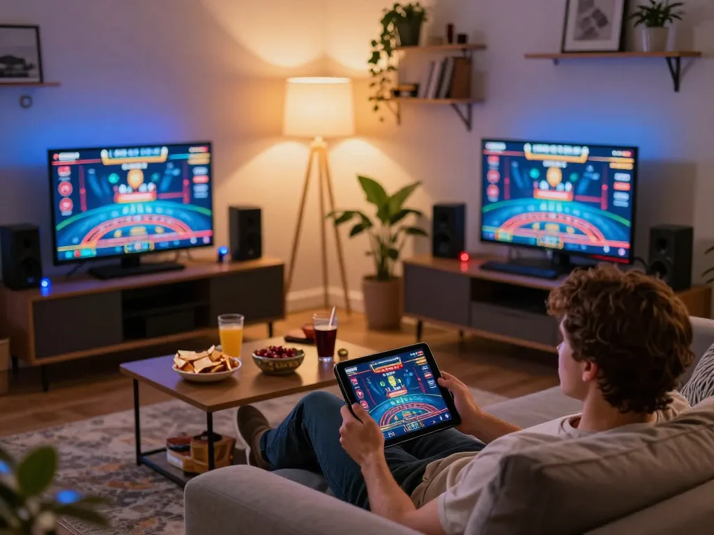 Engaging in online casino gameplay on fb88 from a cozy home setup with tablet and snacks.
