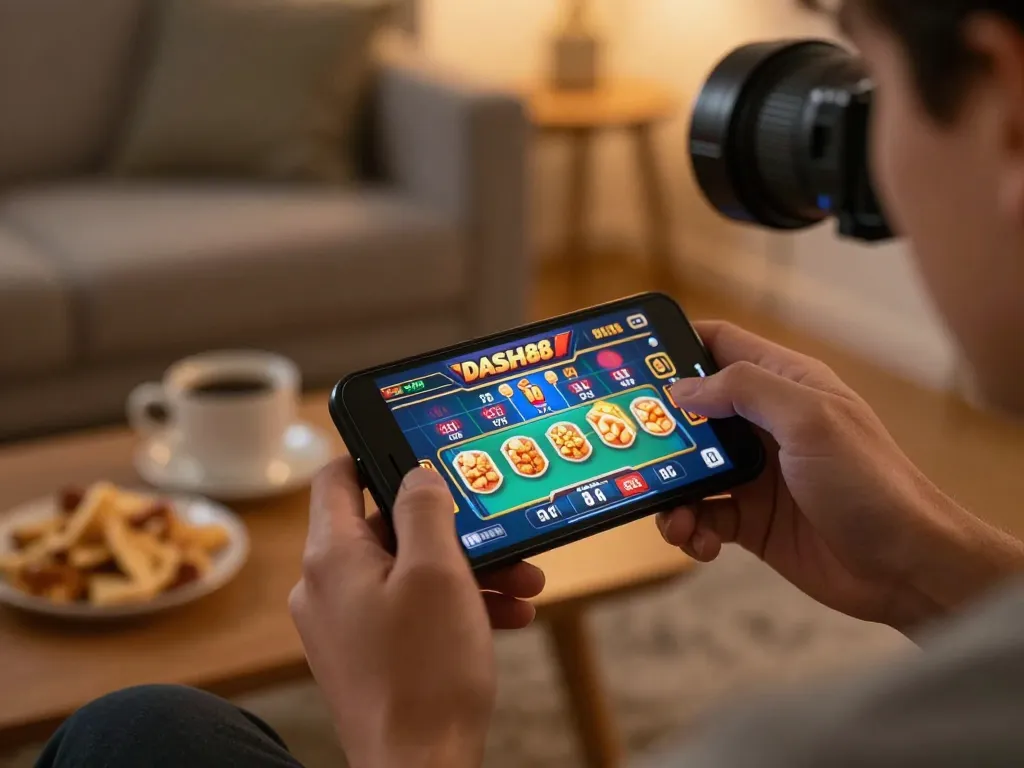 Engaging in online gaming through dash88 on smartphone in a cozy setting.