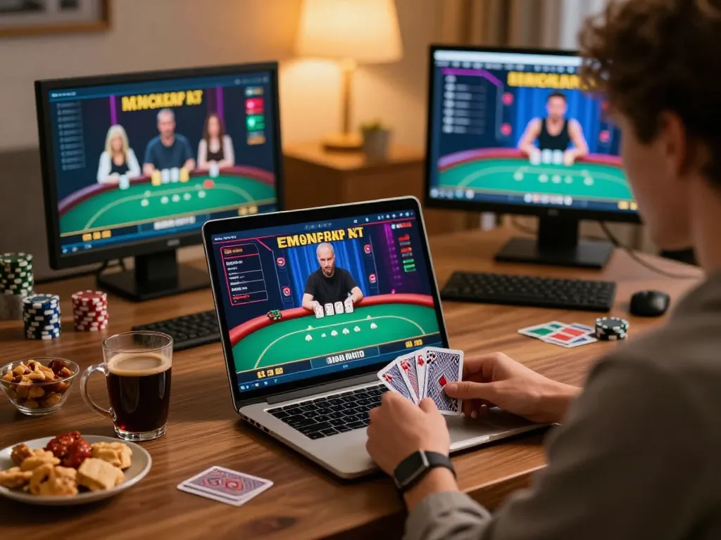 Engaging gameplay at vu88 online casino, showcasing intense poker action on laptop.