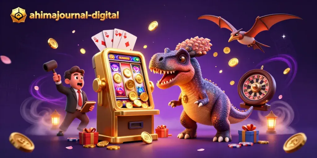ahimajournal-digital casino illustration with a dinosaur hitting a jackpot slot machine.