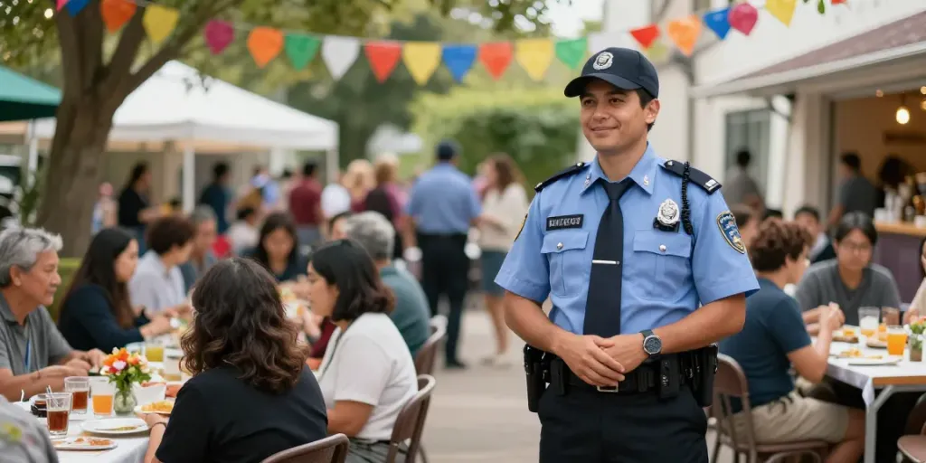 Security Guard monitoring a festive event in London, ensuring safety for local community.