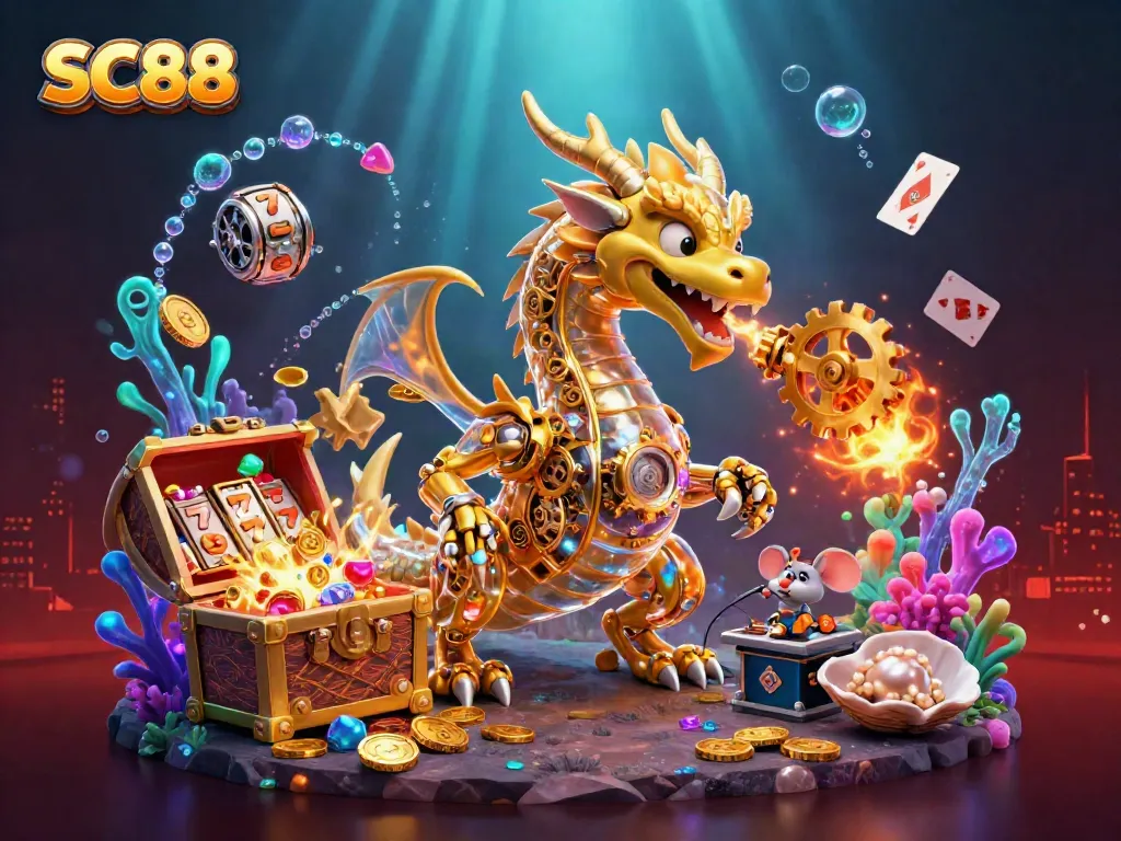 Engage in thrilling entertainment with SC88 as a golden dragon illuminates a vibrant casino scene.