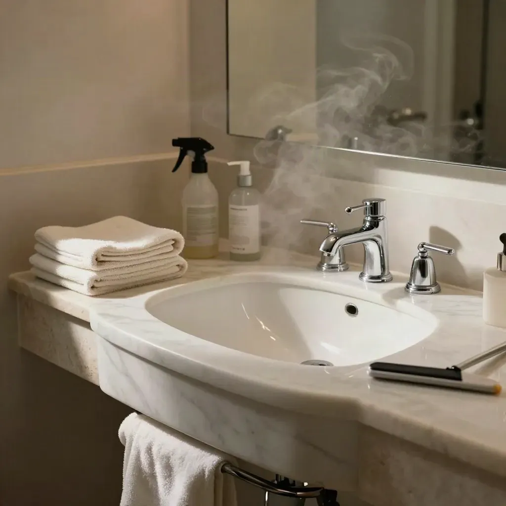 Gleaming marble bathroom sink with towels, spray bottle, squeegee, and steam after a deep clean.