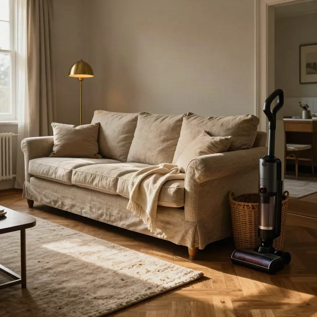 Calm living room reset after housekeeping, with made sofa, throw, basket and tucked vacuum.