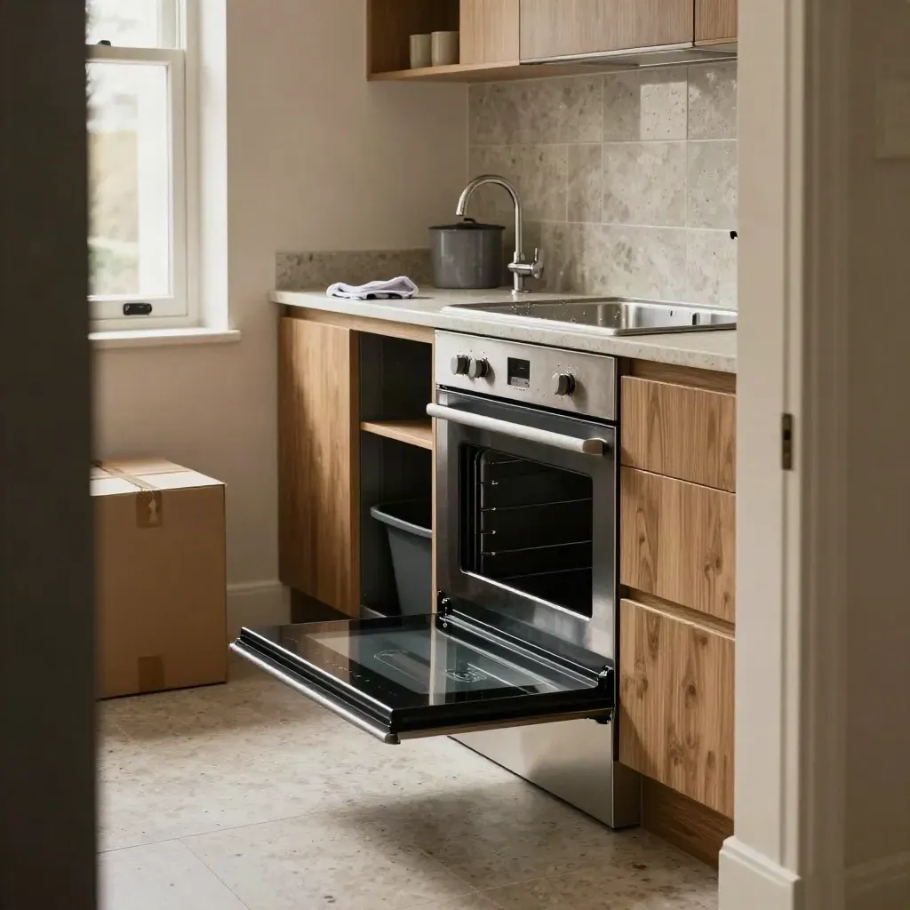 Open oven, gleaming sink, and moving box in a freshly cleaned move-out kitchen.
