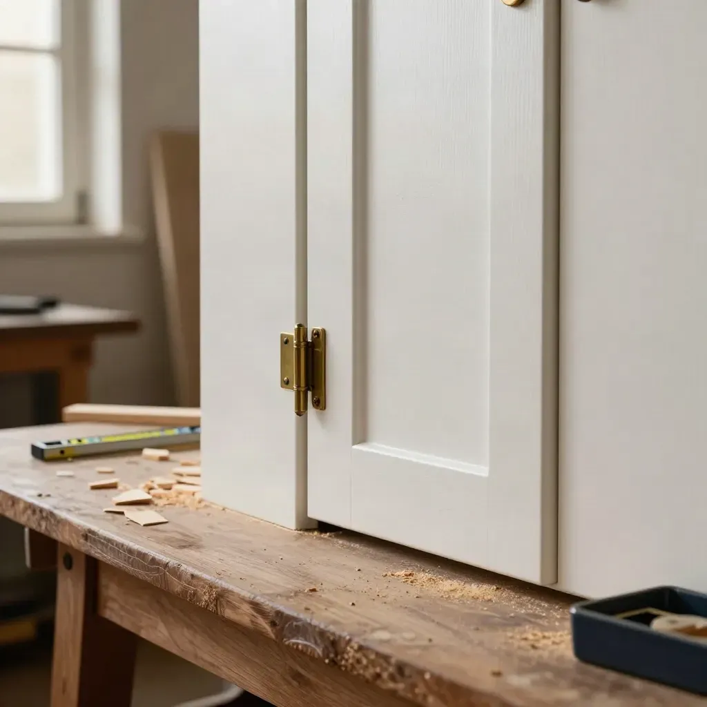 Repaired cupboard door with hinge screws, brass latch, level and wood offcuts on a bench.