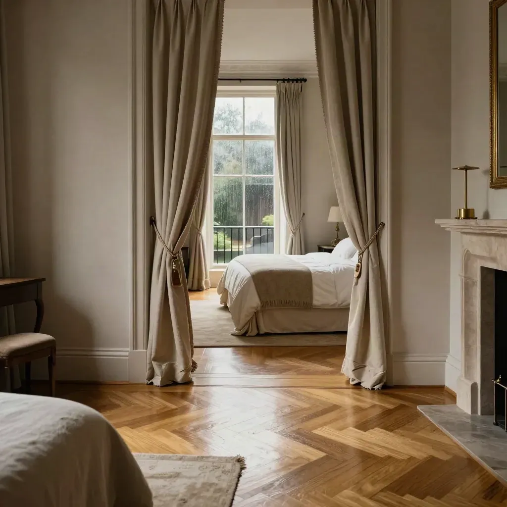Mayfair flat interior with parquet, dressed bed, open curtains and terrace glow