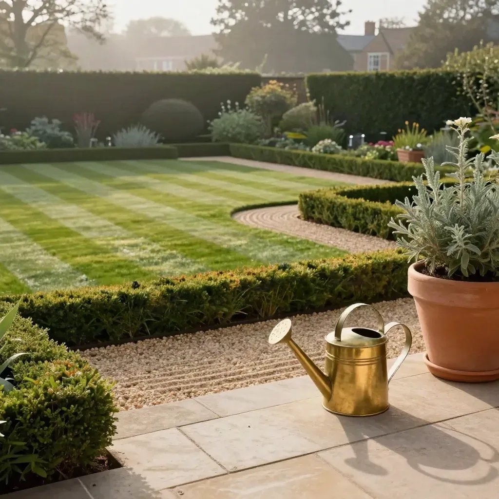 Manicured garden with striped lawn, clipped hedges, raked gravel and a pale planter in morning mist.