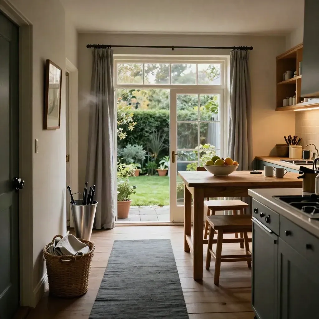 Tidy hallway, reset kitchen table and garden greenery through glazed doors in a warm family home.