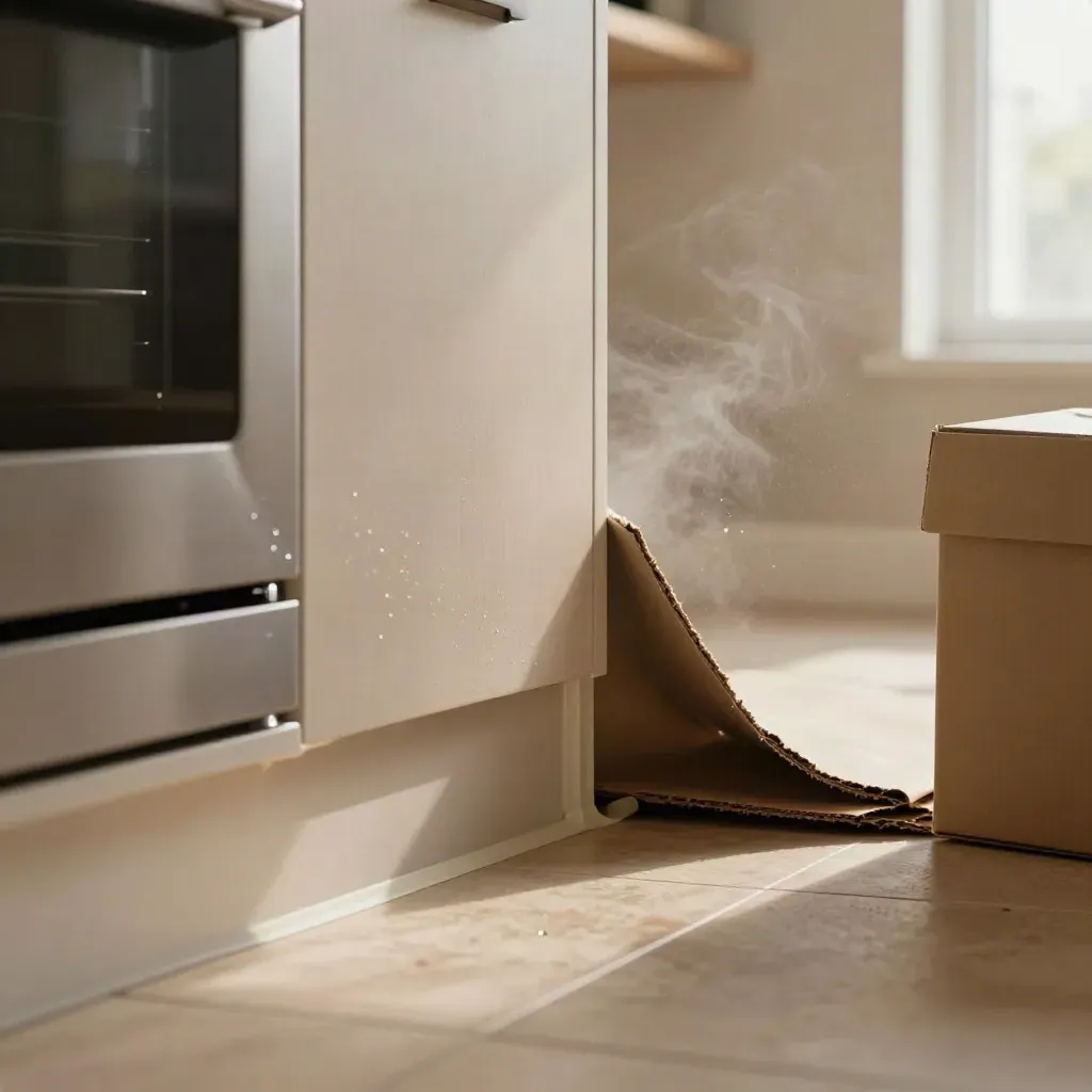 Macro of a finished letting kitchen oven, sealant lines, kickboard and moving boxes.