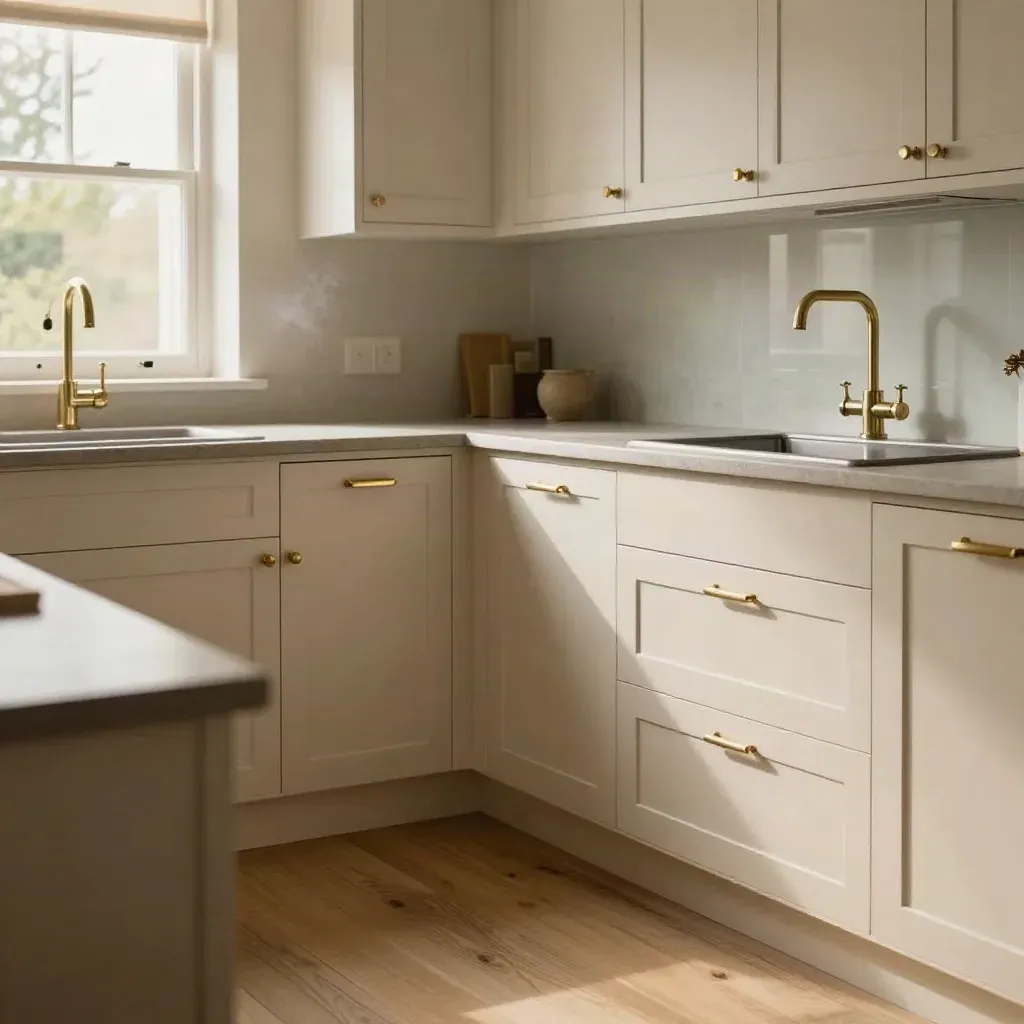 Empty refreshed kitchen with brass handles, sealed edges and a gleaming splashback