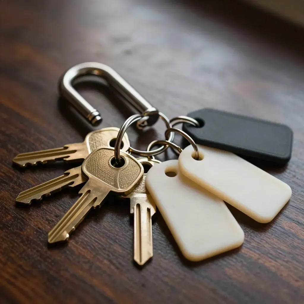 Brass key rings, lockbox shackle, blank tags and a snib key on dark oak in tight macro detail.