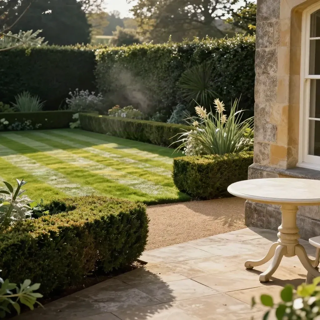 Clipped hedges, striped lawn, swept paths, and an ivory patio table in a ready-to-view garden.