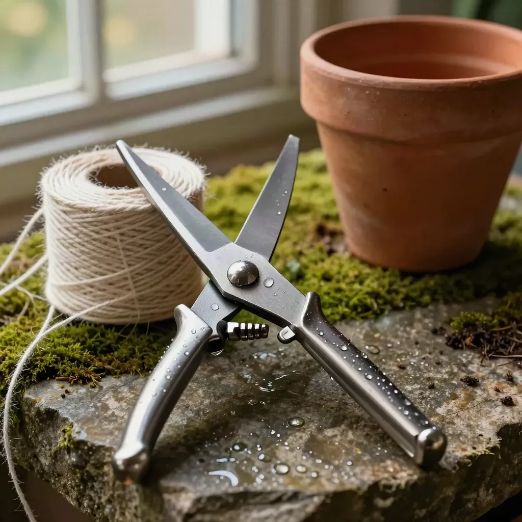 Dewy garden tools and a terracotta pot on moss-stained stone in tight macro close-up.