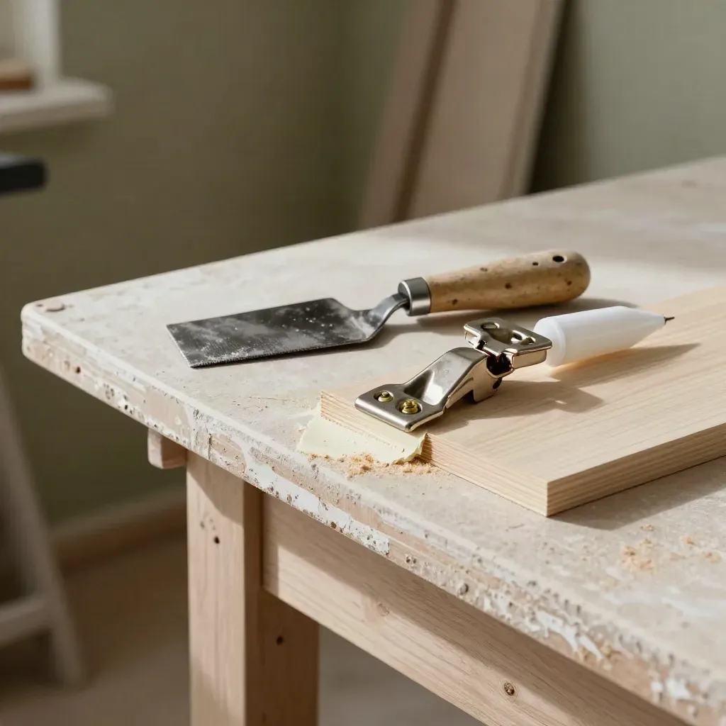 Repair tools and a sanded wood offcut on a plastered bench with dust and soft daylight.