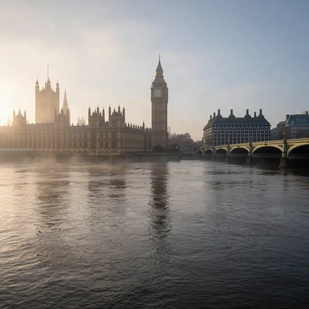 Misty sunrise over the Thames with Big Ben and Parliament high above a calm river