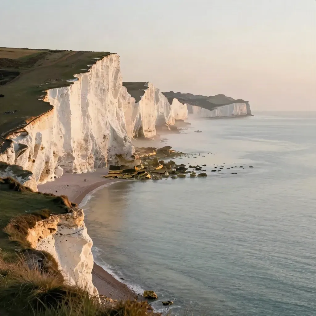 Sunlit white chalk cliffs above a misty South East sea with calm shoreline below.