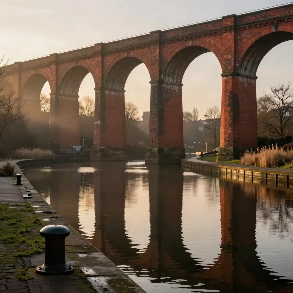 Golden Birmingham canal basin with red-brick viaducts reflected in still water, calm copy space below