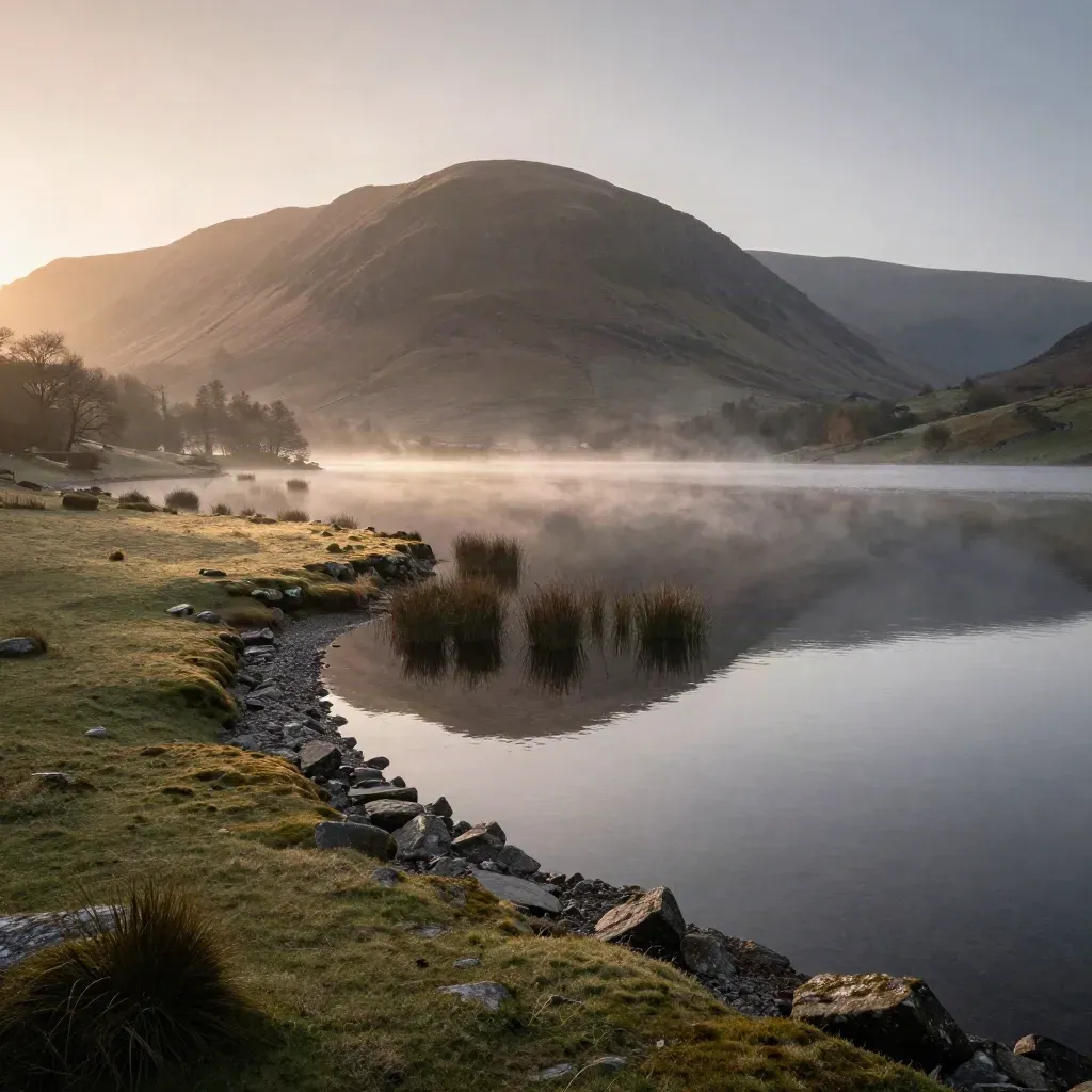 Dawn tarn with misty fell ridge and calm open water for copy.