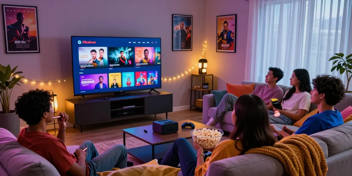 Enjoying movie night with pikashow apk download on a smart TV with friends in a cozy living room.