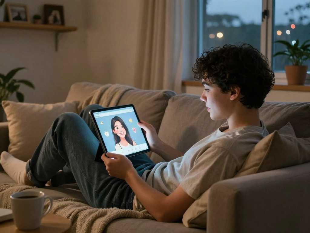 Engaging with an AI girlfriend in a cozy living room during twilight.
