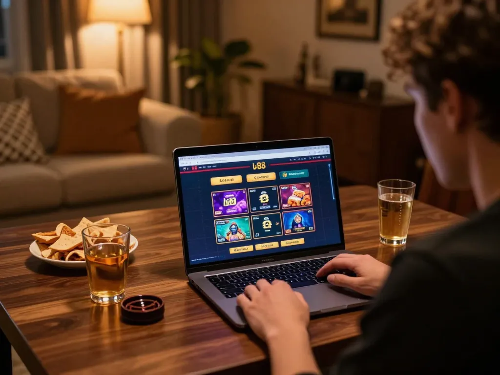 Engaged player enjoying the lv88 casino experience on a laptop with vibrant game interface.