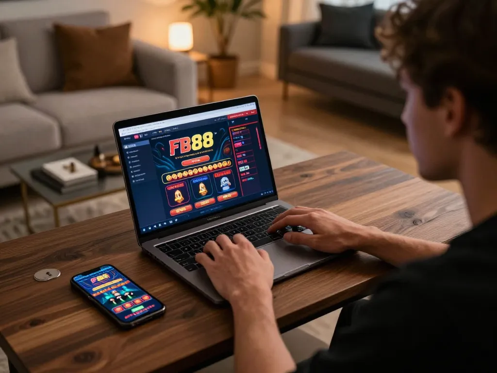 Engaging in online gambling on FB88 platform at home with a laptop showing casino interface and smartphone.